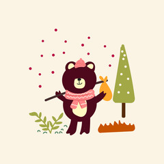 Cute bear with a hat and scarf, hand drawn illustration for fabric, textile and print