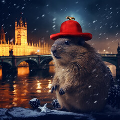 Capybaras celebrating Christmas, in various locations, dressed with Christimas costume.