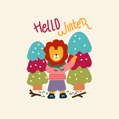 Cute lion with scarf, hand drawn illustration for fabric, textile and print