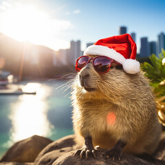 Capybaras celebrating Christmas, in various locations, dressed with Christimas costume.