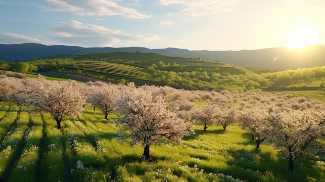 Panoramic view of the field waves with blossoming trees.