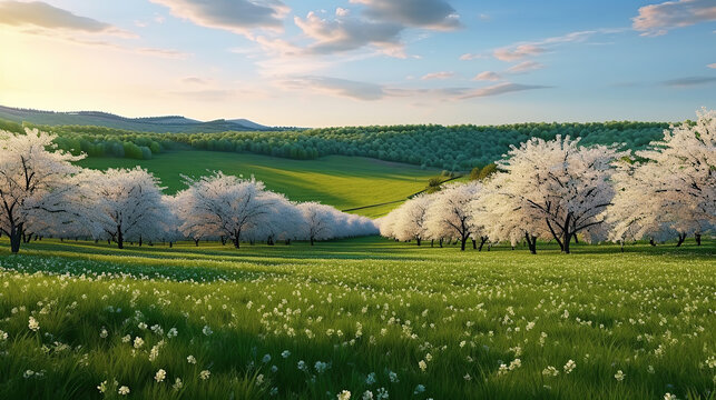 Panoramic view of the field waves with blossoming trees.