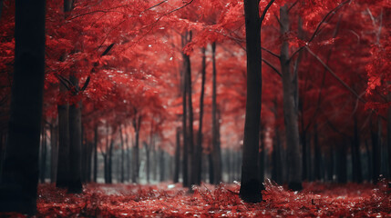 Red trees in the forest during fall.