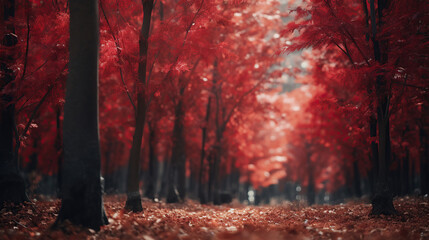 Red trees in the forest during fall.