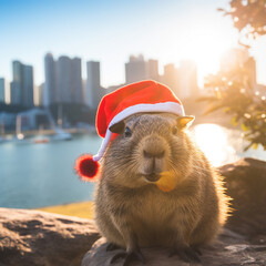 Capybaras celebrating Christmas, in various locations, dressed with Christimas costume.