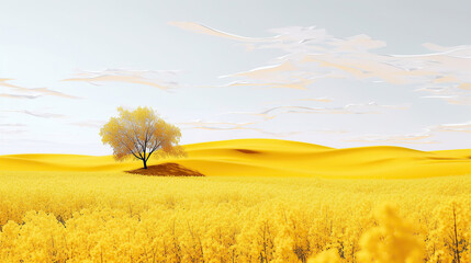 Spring Wavy Yellow Rapeseed Field With White Tree And Wavy Abstract Landscape Pattern, Cordur.