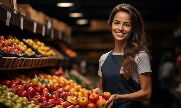 Portrait of handsome smiling woman shop worker standing in supermarket. Young female food store assistant vegetable and fruit retailer. Grocery store manager.
