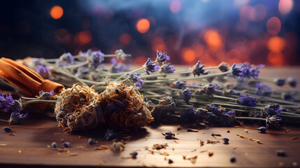 dry lavender flowers and dry herbs on blurred background