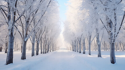 Winter Snow Trees, Park Road Perspective, White Alley Tree Rows convergence.