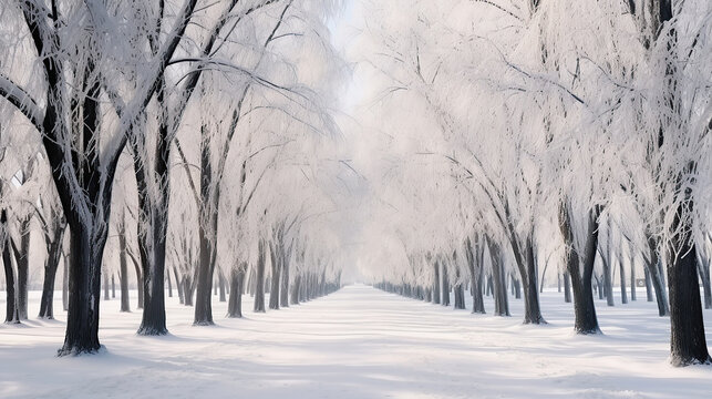 Winter Snow Trees, Park Road Perspective, White Alley Tree Rows convergence.