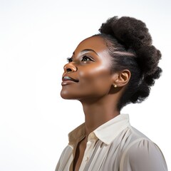 Beautiful pretty Business African American Black Woman  facial portrait looking forward, eyes open side view close up. Black hair middle-aged adult, Gen X millennial, healthy skin beauty, nice smile
