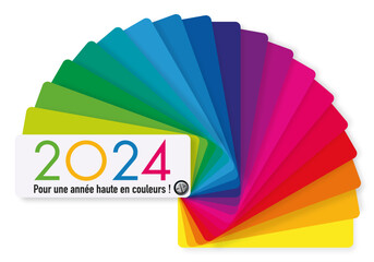 Carte de voeux 2024 décorative, aux couleurs vives, présentant le concept de la diversité et du choix, avec comme symbole un nuancier multicolore. - obrazy, fototapety, plakaty