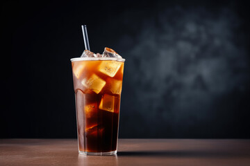 Artisanal cold brew coffee in industrial-chic cafeteria isolated on a gradient background 