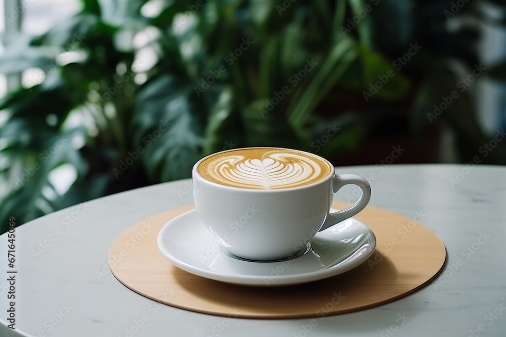 Poster flat white coffee presentation in trendy australian cafe background with empty space for text