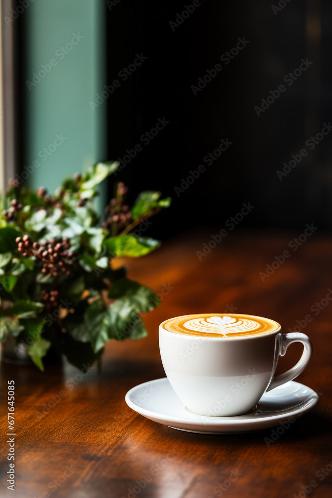 Poster flat white coffee presentation in trendy australian cafe background with empty space for text