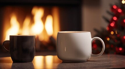 Obraz premium Christmas tree on the background of the fireplace. Christmas background