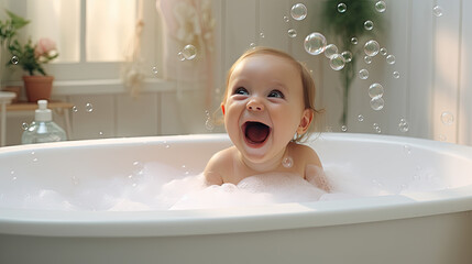 a baby laughing in the tub