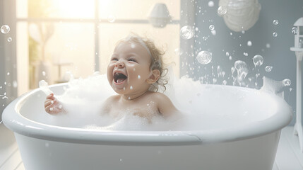 a baby laughing in the tub