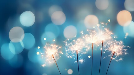 Blue Christmas background with sparkling sparklers.
