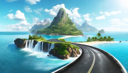 3d illustration of floating road with tropical island. piece of land with waterfall and ocean - obrazy, fototapety, plakaty