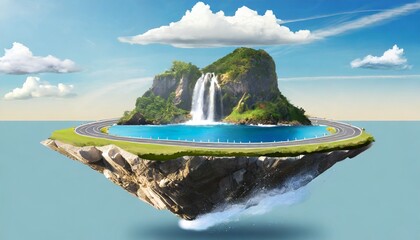 3d illustration of floating road with tropical island. piece of land with waterfall and ocean