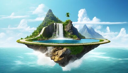3d illustration of floating road with tropical island. piece of land with waterfall and ocean - obrazy, fototapety, plakaty