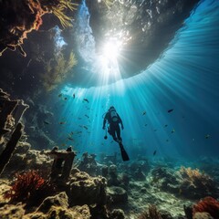 Diver diving in the ocean sea with dive gear and suite looking at the sea world of reef fishes rocks and water tropical exploration of the sea bed beautiful nature