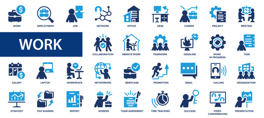Work flat icons set. Career, office, employment, teamwork, meeting, organization icons and more signs. Flat icon collection. - obrazy, fototapety, plakaty