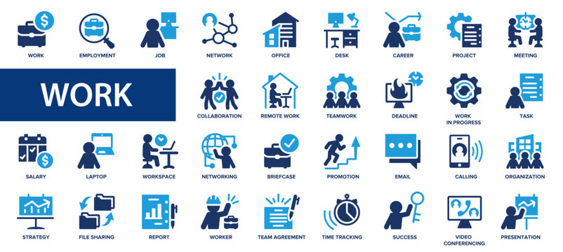 Work flat icons set. Career, office, employment, teamwork, meeting, organization icons and more signs. Flat icon collection.