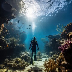 Diver diving in the ocean sea with dive gear and suite looking at the sea world of reef fishes...