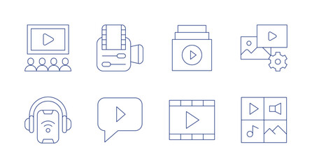 Multimedia icons. Editable stroke. Containing video, podcast, video editing app, live chat, digital asset, multimedia, video player, collection.