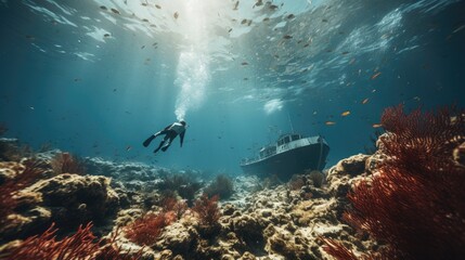 Diver diving in the ocean sea with dive gear and suite looking at the sea world of reef fishes rocks and water tropical exploration of the sea bed beautiful nature