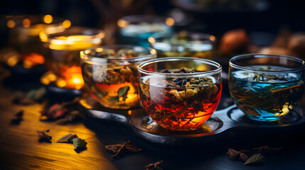 a cup of herbal tea with dried flowers and dried leaves on wooden table