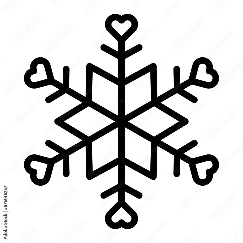 Poster snowflake with heart outline vector icon. decorative graphics element for valentine's day, new year 