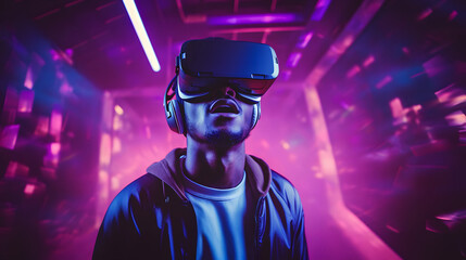 Black guy wearing a VR headset having a virtual reality experience inside a vaporwave gaming room with purple neon lights, looking amazed