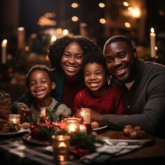 Obraz na płótnie Canvas Black African American Loving Family opening gifts and present at Christmas with Mother Father and children all smiles and happy