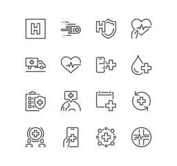 Set of hospital and medical care related icons, health insurance, pharmacy, doctor, recover, life unsurance, symptoms and linear variety vectors.