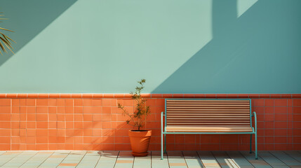 a closeup shot of a bench on a wall background under the sunlight