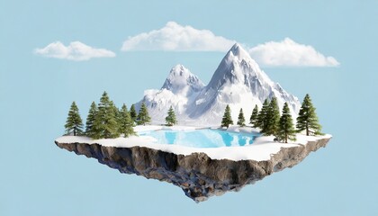 3D Floating island with snow mountains, overflowing snow lake, some pine trees isolated.