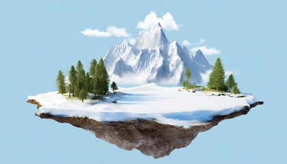 3D Floating island with snow mountains and trees