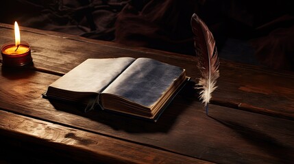 A contemplative space with a black feather atop a closed, leather-bound journal. Condolences, funeral announcement, farewell.  - obrazy, fototapety, plakaty