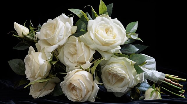 A delicate bouquet of white roses on a deep grey background. Condolences, funeral announcement, farewell. 