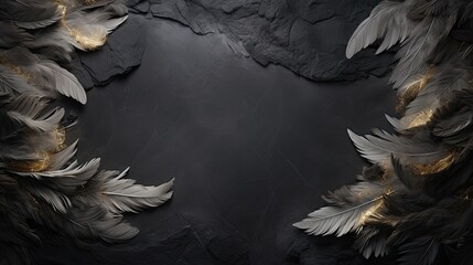 An ethereal spread of dove feathers across a dark slate with space reserved for memorial text. Condolence, funeral announcement, farewell.  - obrazy, fototapety, plakaty