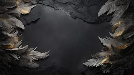 Fotobehang An ethereal spread of dove feathers across a dark slate with space reserved for memorial text. Condolence, funeral announcement, farewell.  © Dannchez