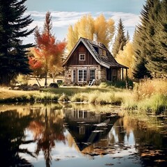 Fototapeta premium house on the river, cabincore aesthetic 