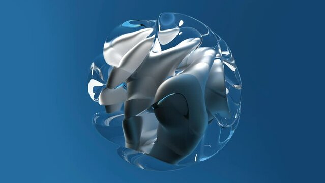 3d render of abstract art with surreal 3d organic alien ball or liquid substance in curve wavy smooth and soft bio forms in matte aluminium metal material with glossy glass parts on blue background