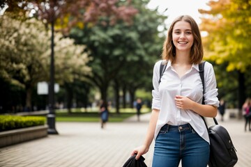 Naklejka premium Portrait of beautiful caucasian female student with bags on college campus, education concept
