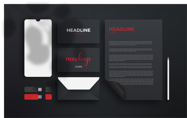 Business Stationery Presentation Mockup Design. Isolated Black Tone Business Card, Letterhead, Envelop, Pendrive, Pencil, Phone Screen Mockup