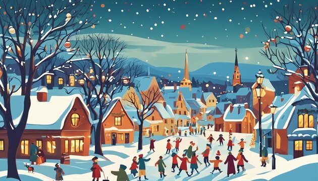 Fototapeta Snowy day village celebration in a vintage style Christmas card illustration, hand-painted with oil pastels