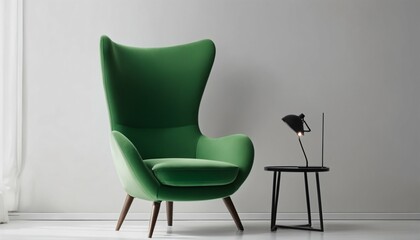 Fototapeta premium Green armchair in room interior: Set against an empty white wall